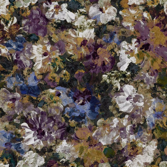 Dense painterly floral swatch in plum, ivory, ochre, blue and moss