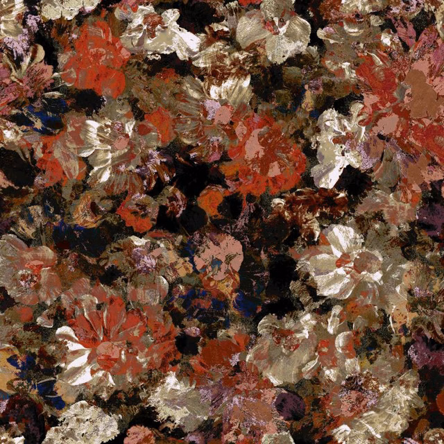 Dense painterly floral fabric in red, ivory, taupe, brown and black