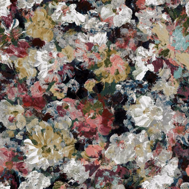 Dense painterly floral textile in burgundy, blush, cream, sage and teal on black
