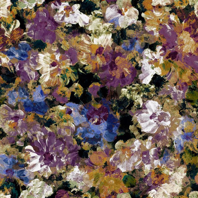 Dense painterly floral fabric with plum, blue, ochre and cream blooms on black