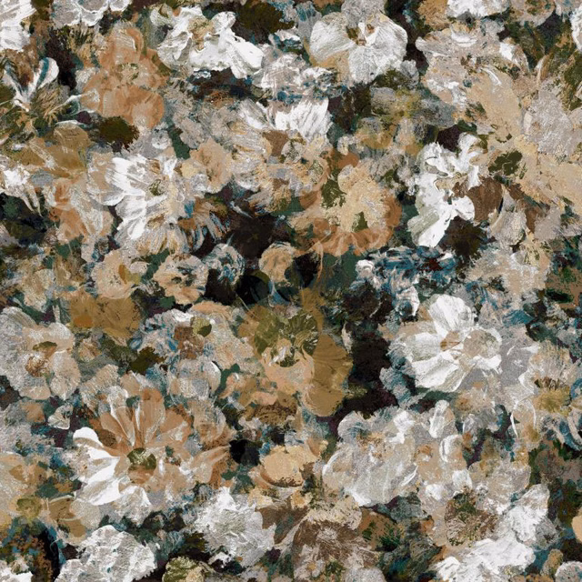 Dense painterly blooms in ivory, camel, olive and charcoal on Jardin Winter fabric