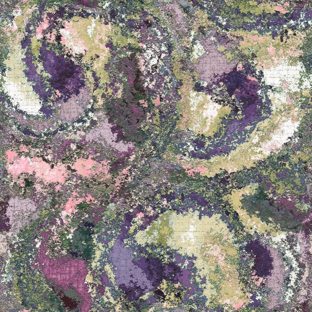 Mottled purple, moss, pink and cream painterly textile with a softly gridded weave