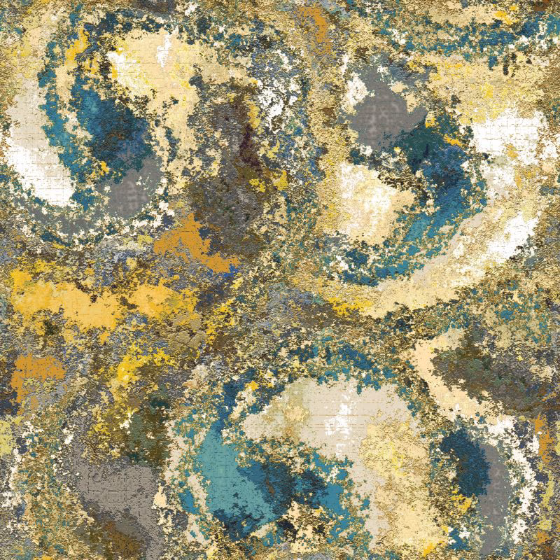 Mottled teal, ochre, cream and charcoal abstract textile with a visible woven ground