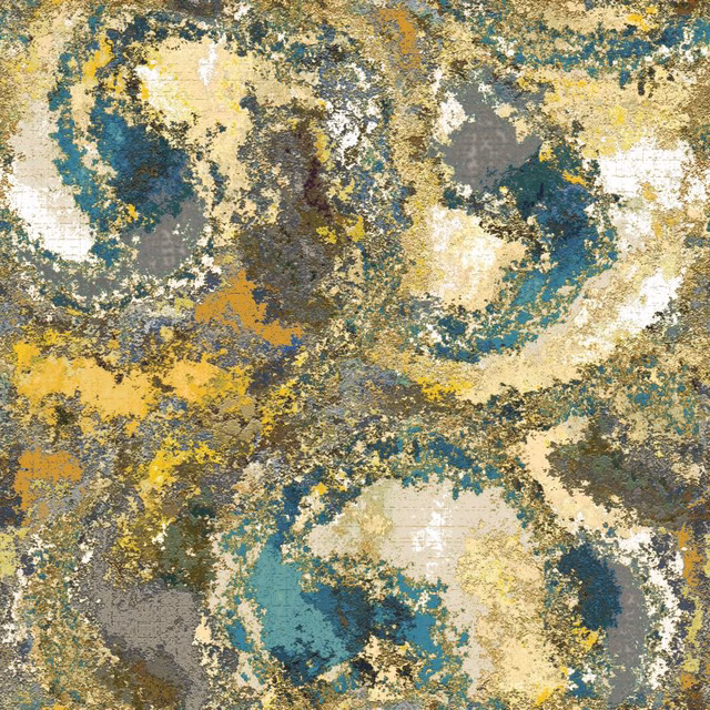 Mottled teal, ochre, cream and charcoal abstract textile with a visible woven ground