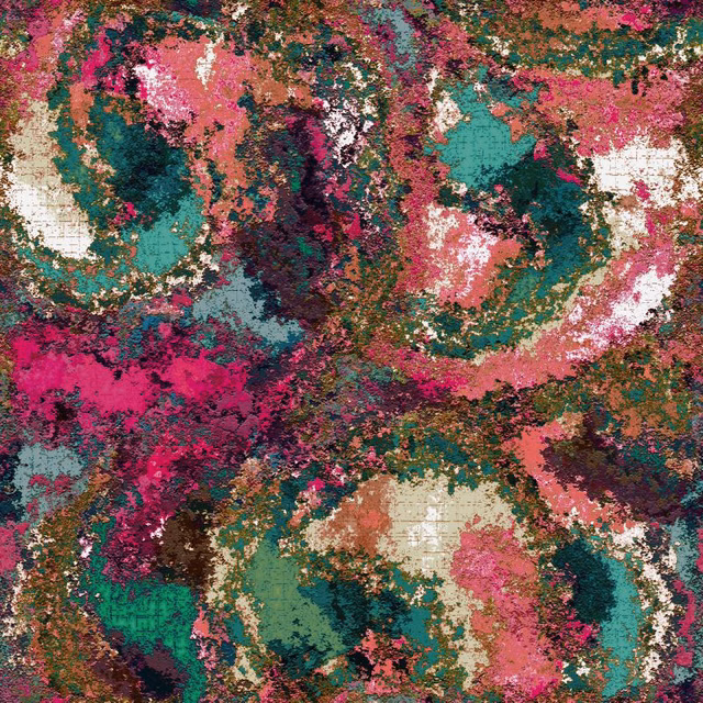 Dense mottled textile in teal, fuchsia, moss, coral, cream and brown