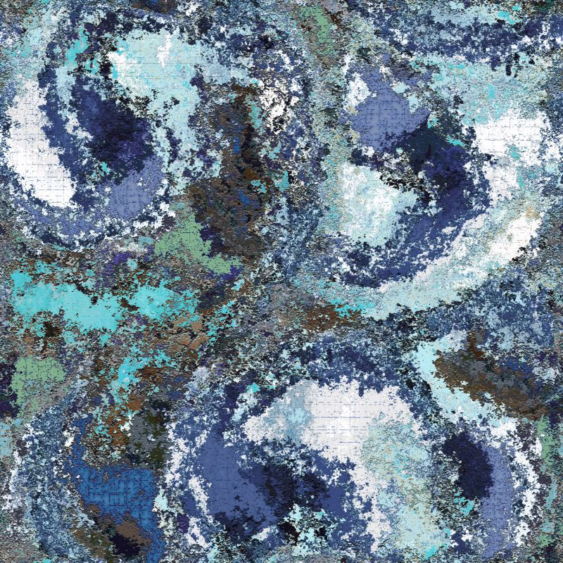 Cool blue abstract textile with aqua pools, navy fragments and tactile painterly texture