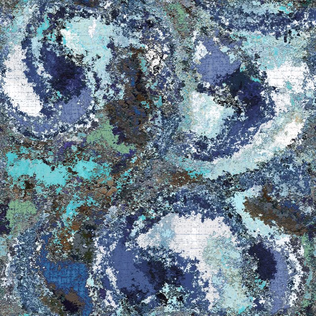 Cool blue abstract textile with aqua pools, navy fragments and tactile painterly texture
