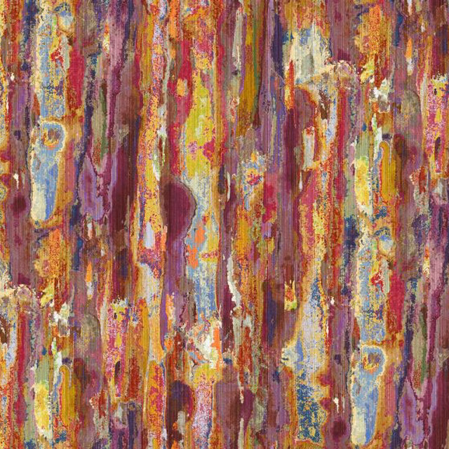 Warm multicolour vertical painterly weave with plum, ochre, blue and lime accents
