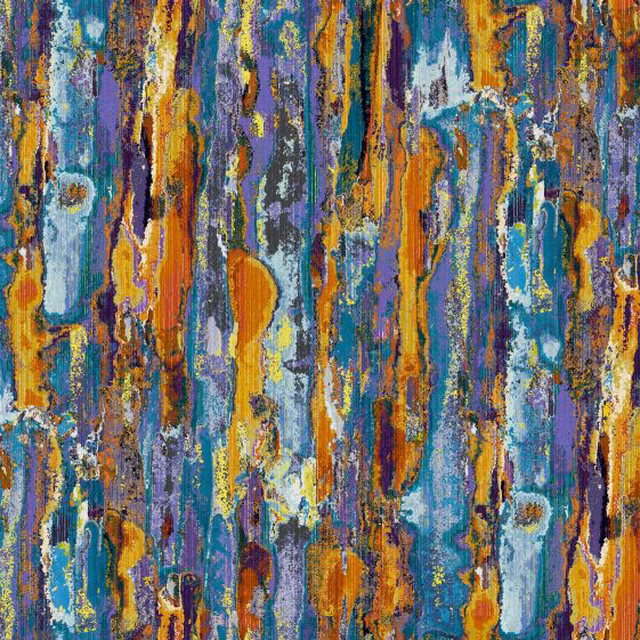 Turquoise, violet, ochre and rust painterly vertical texture in a close-up textile swatch
