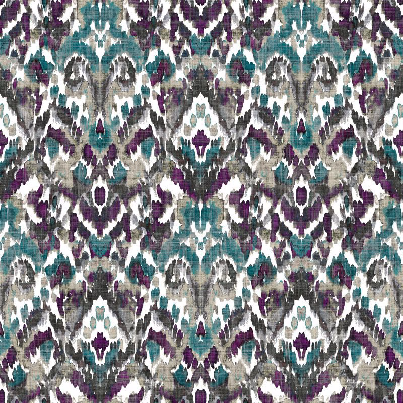 Teal, plum and charcoal geometric ikat-style motifs on an ivory textile ground