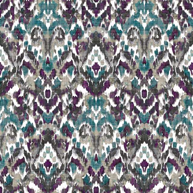 Teal, plum and charcoal geometric ikat-style motifs on an ivory textile ground