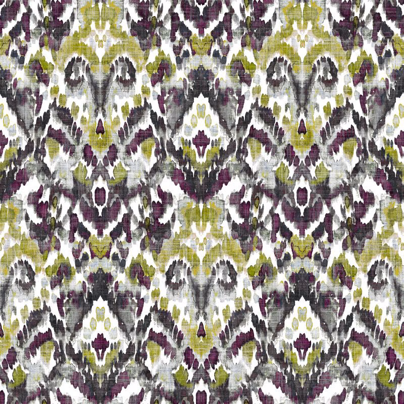 Plum, olive and charcoal abstract ikat-style motifs on a textured white fabric ground