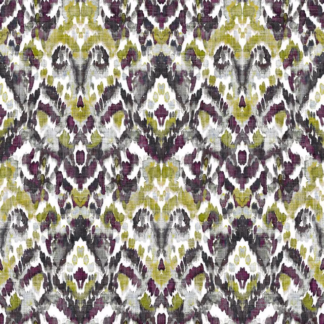 Plum, olive and charcoal abstract ikat-style motifs on a textured white fabric ground