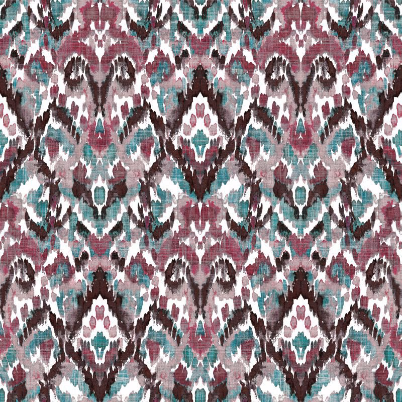 Abstract teal, plum and charcoal ikat motifs on an off-white textured fabric ground