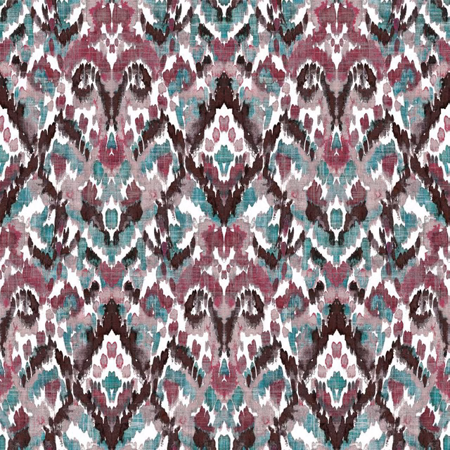 Abstract teal, plum and charcoal ikat motifs on an off-white textured fabric ground