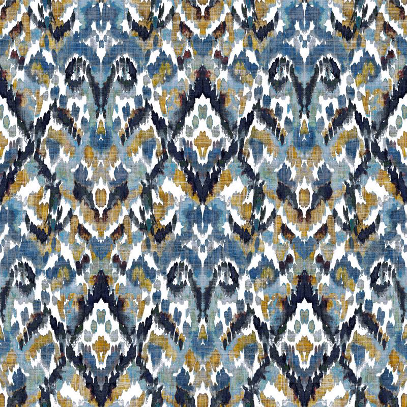 Blue, ivory, charcoal and ochre woven fabric with painterly geometric motifs