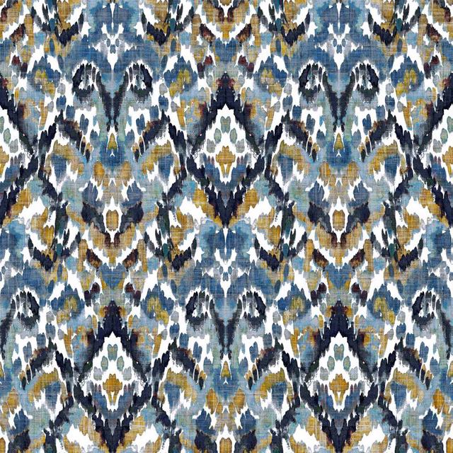 Blue, ivory, charcoal and ochre woven fabric with painterly geometric motifs