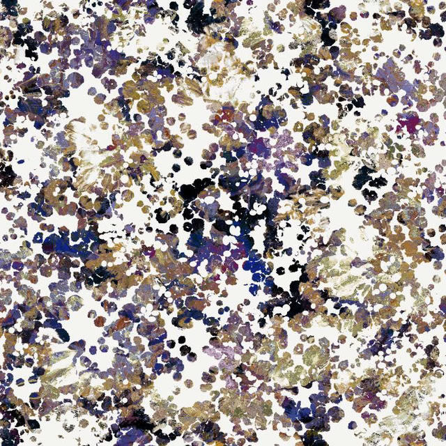 Ivory fabric covered in dense painterly flecks of plum, navy, olive and black