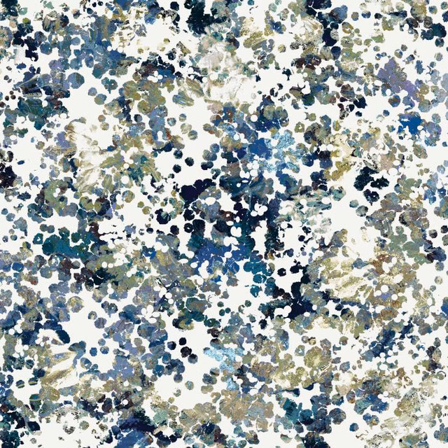 Dense navy, teal, sage and olive painterly clusters scattered across an ivory ground