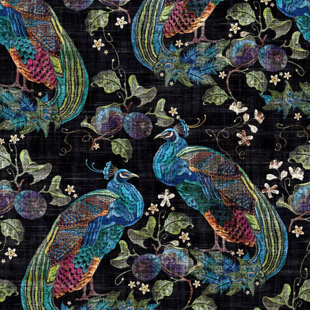 Black woven fabric with jewel-toned peacocks, berries, leaves and pale flowers