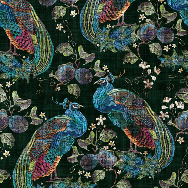 Bottle-green textile with jewel-toned peacocks, berries, curling stems and small flowers