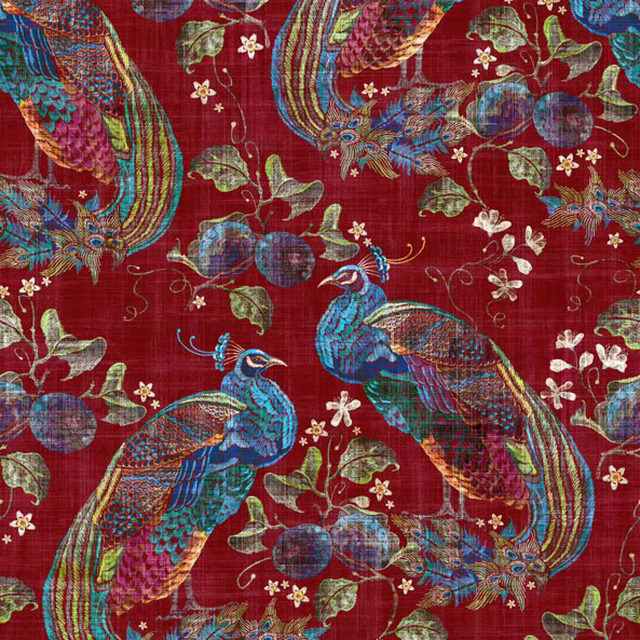 Deep cranberry woven fabric with vivid blue peacocks, foliage and ivory flowers