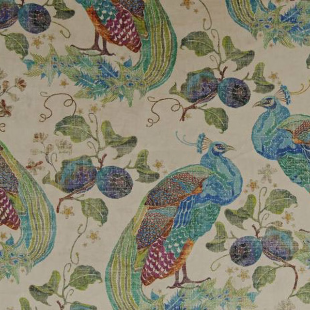 Natural cream fabric with blue-green peacocks, berries, foliage and curling botanical tendrils