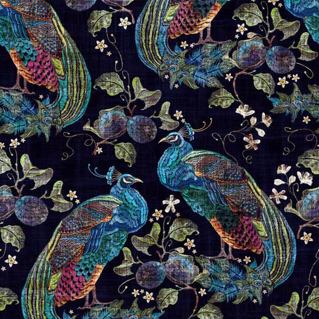 Deep navy fabric with jewel-toned peacocks, trailing leaves, fruits and cream flowers