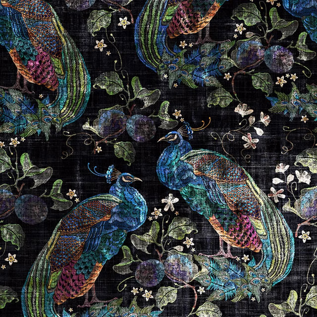 Black woven ground with jewel-toned peacocks, berries, leaves and tiny flowers