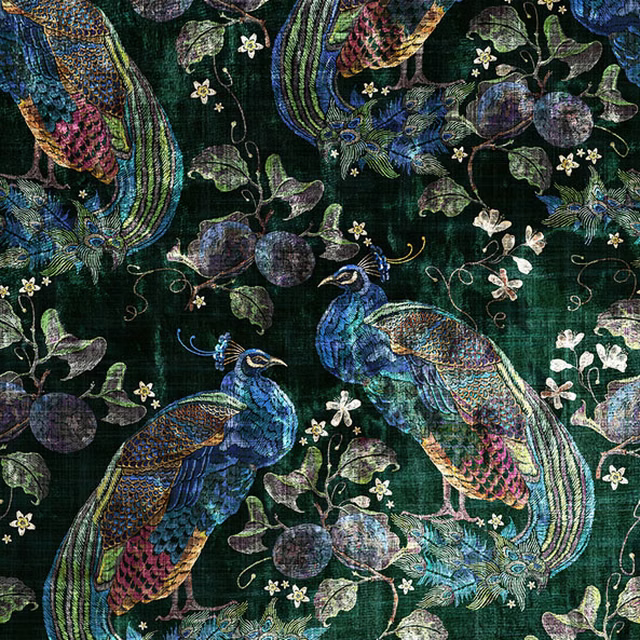 Bottle-green woven ground with blue peacocks, jewel-toned feathers and scattered ivory flowers