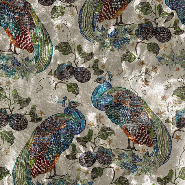Textured natural ground with teal peacocks, dark berries and curling foliage