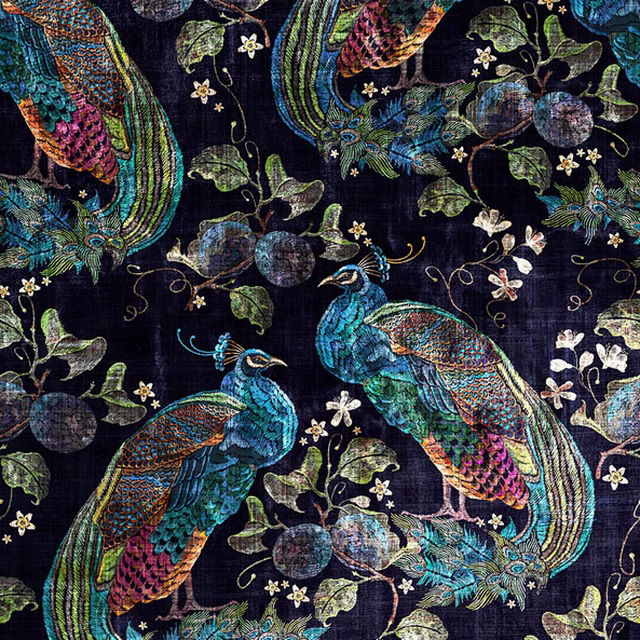 Inky navy fabric with turquoise peacocks, berries, ivory flowers and textured woven detail