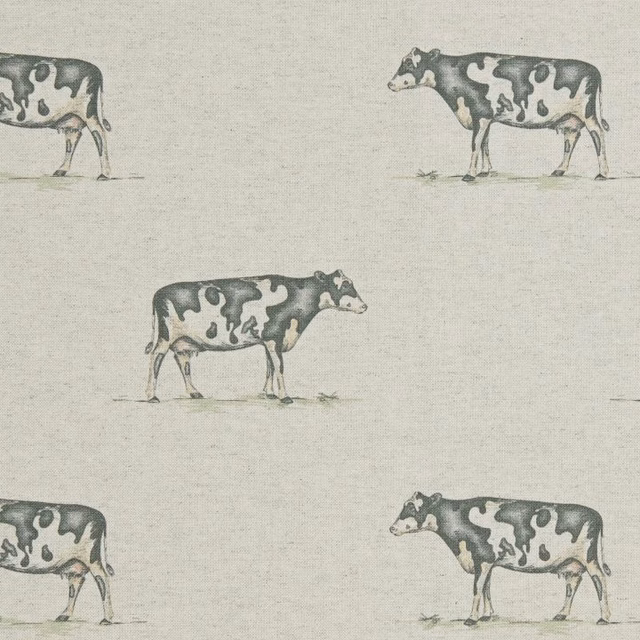 Pale greige woven fabric with repeating charcoal and grey cow motifs