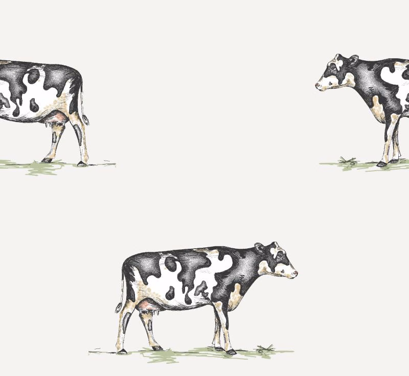 Ivory fabric with repeated black-and-grey cows and tiny green grass marks
