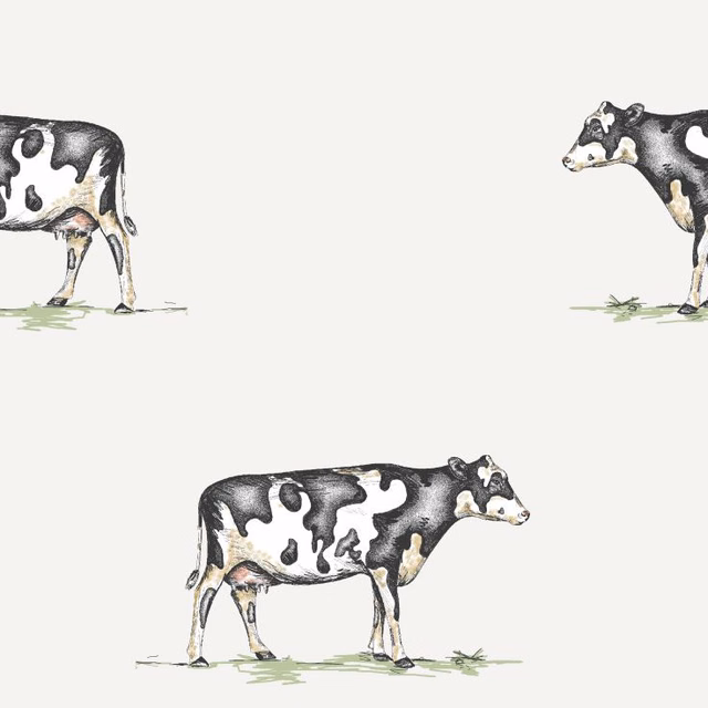 Ivory fabric with repeated black-and-grey cows and tiny green grass marks