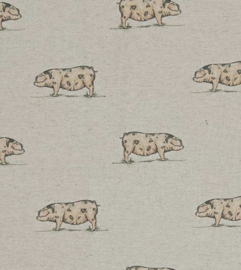 Pale greige fabric with spaced illustrated pigs and a softly textured woven ground