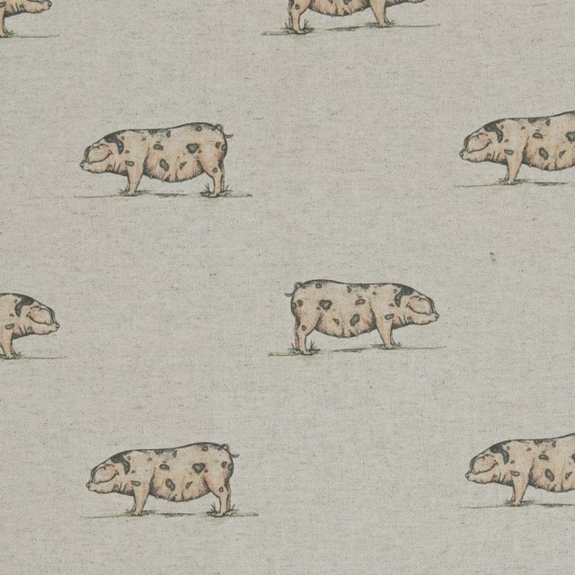 Pale greige fabric with spaced illustrated pigs and a softly textured woven ground