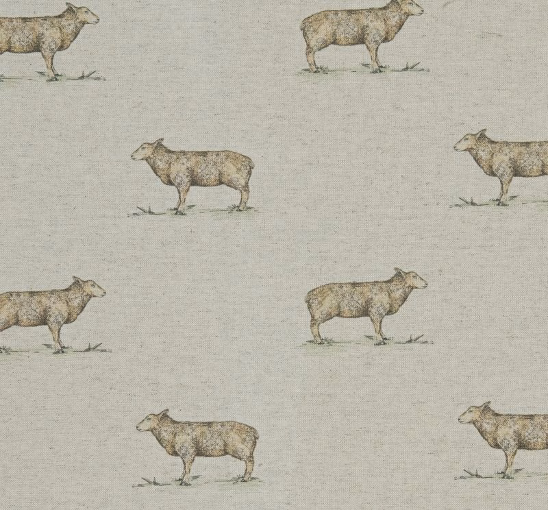 Warm stone beige fabric with repeating taupe and brown sheep motifs and fine woven texture