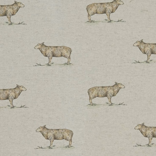 Warm stone beige fabric with repeating taupe and brown sheep motifs and fine woven texture