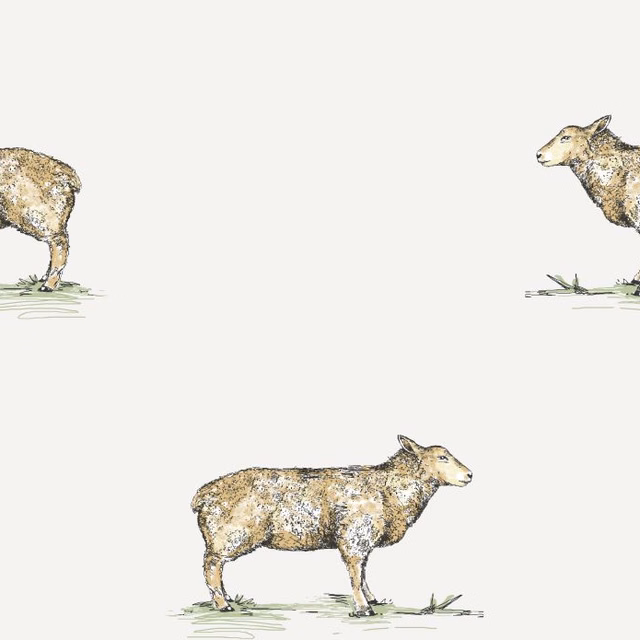 Warm ivory fabric with ochre, taupe and charcoal sheep illustrations