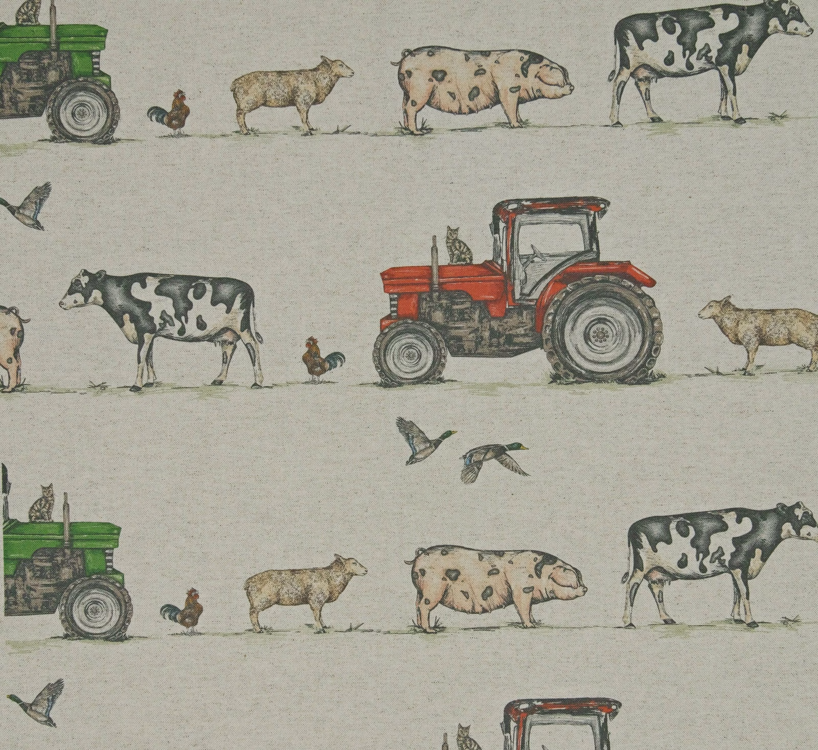 Muted sage-grey farm-scene fabric with red tractors, cows, pigs and chickens