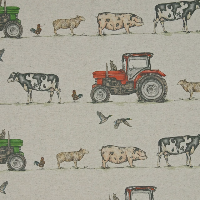 Muted sage-grey farm-scene fabric with red tractors, cows, pigs and chickens