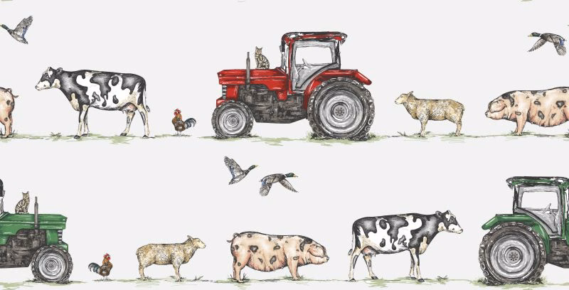 White-ground farm scene with red and green tractors, cows, pigs and birds
