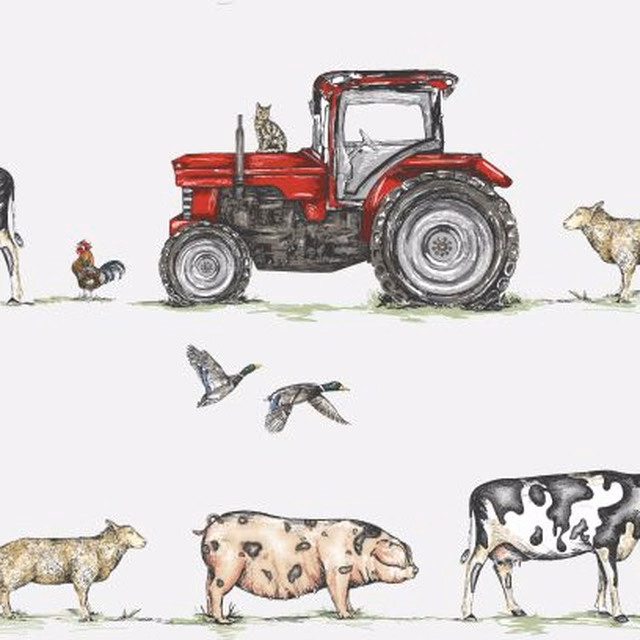 White-ground farm scene with red and green tractors, cows, pigs and birds