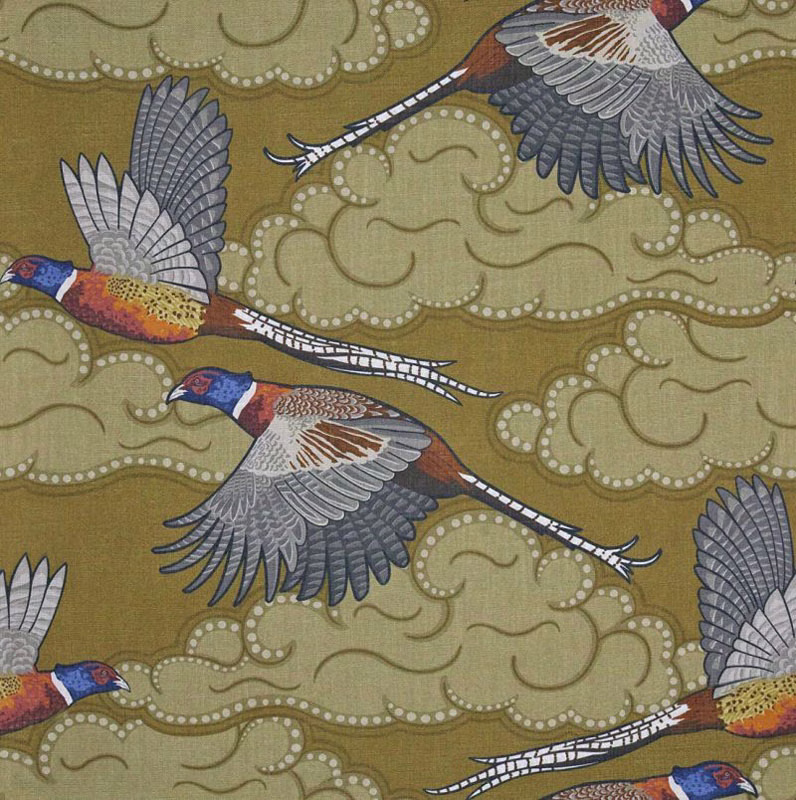 Olive woven fabric with blue and russet pheasants amid pale scrolling motifs
