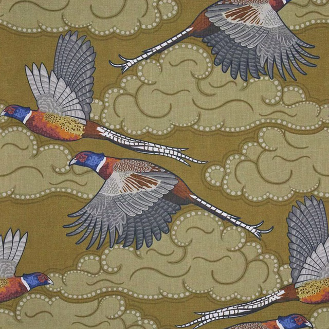 Olive woven fabric with blue and russet pheasants amid pale scrolling motifs