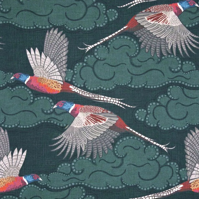 Deep teal fabric with flying pheasants, pale wings and scrolling dotted motifs