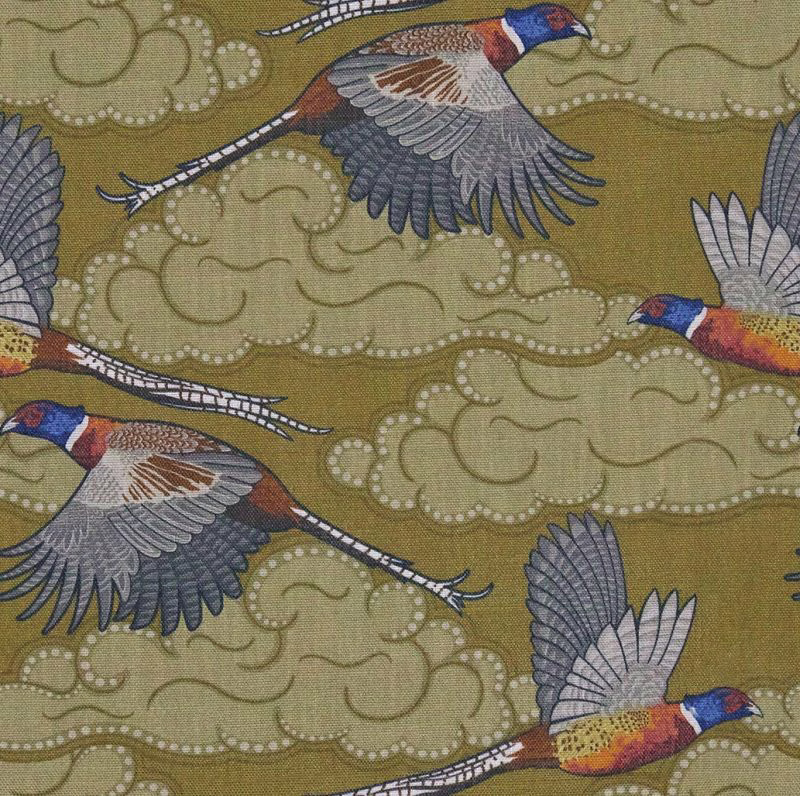 Olive-green fabric with flying pheasants and looping dotted cloud motifs