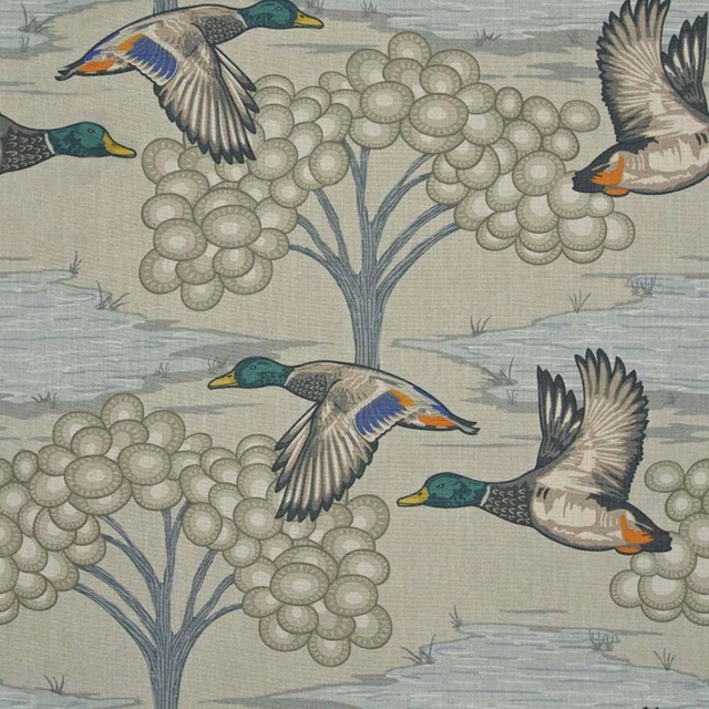 Sage-grey duck and flower fabric with blue stems and rust wing accents