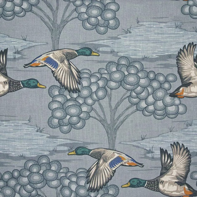 Blue-grey pond scene with mallards and clustered outlined flowers in woven fabric
